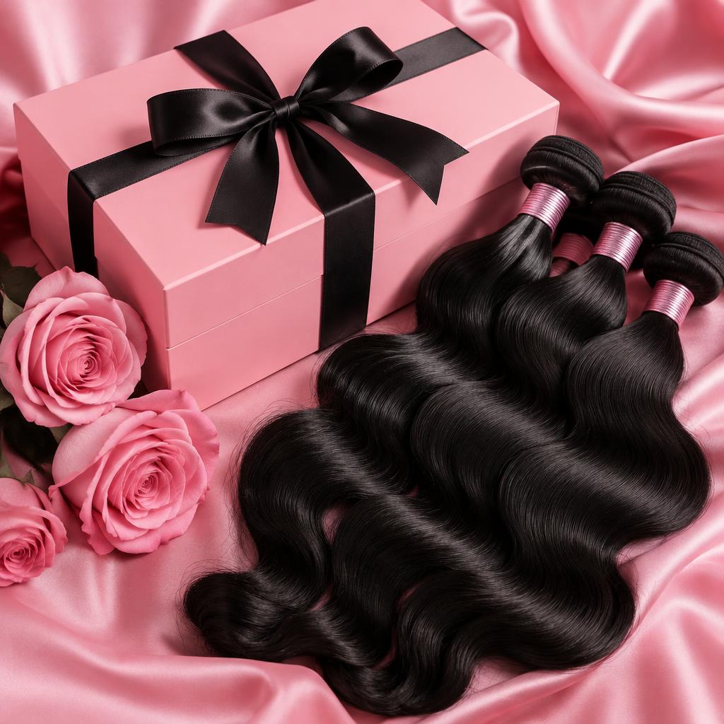 Pink gift box with hair bundles